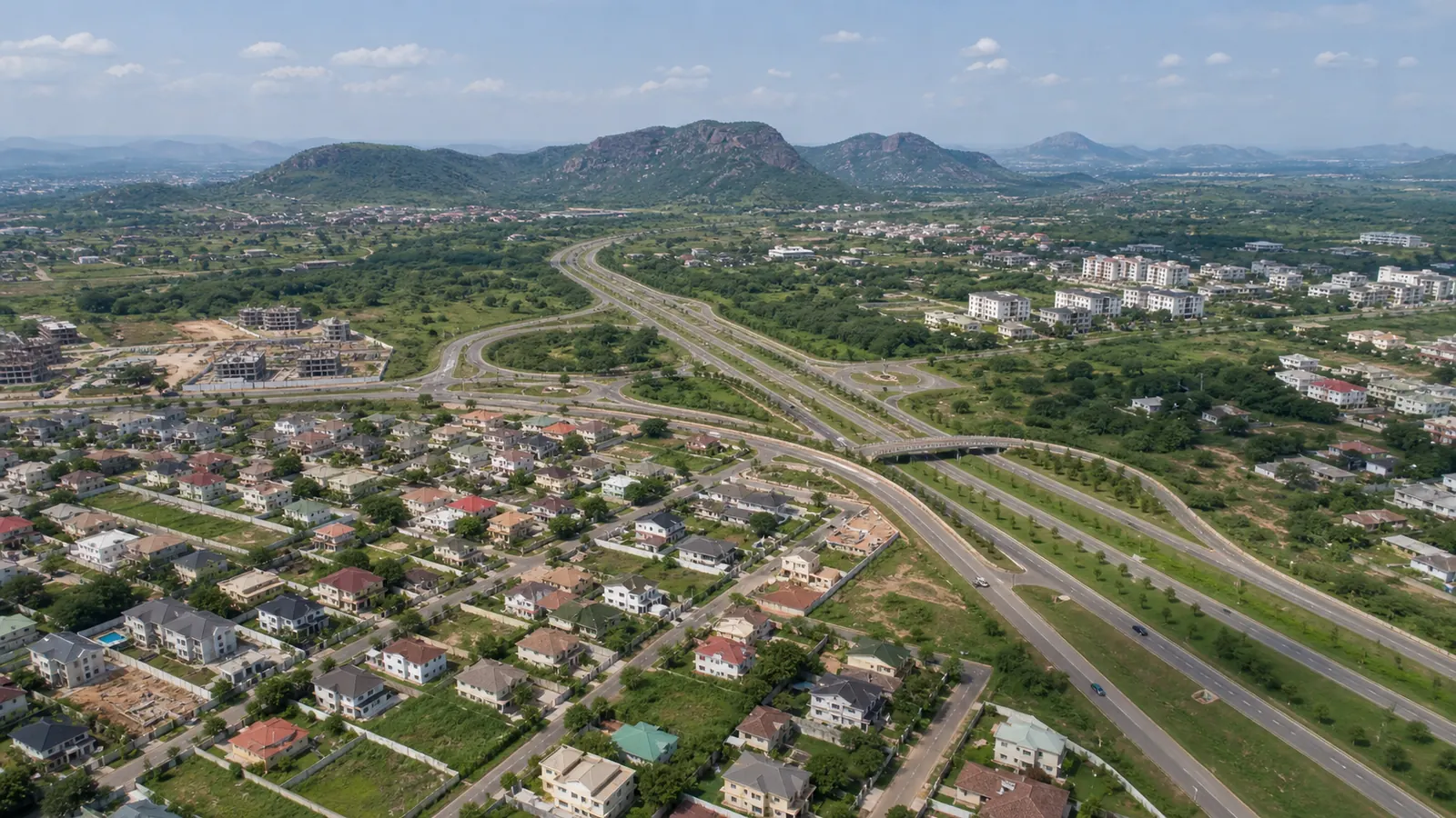 Conceptual aerial context inspired by Abuja's landscape and road network